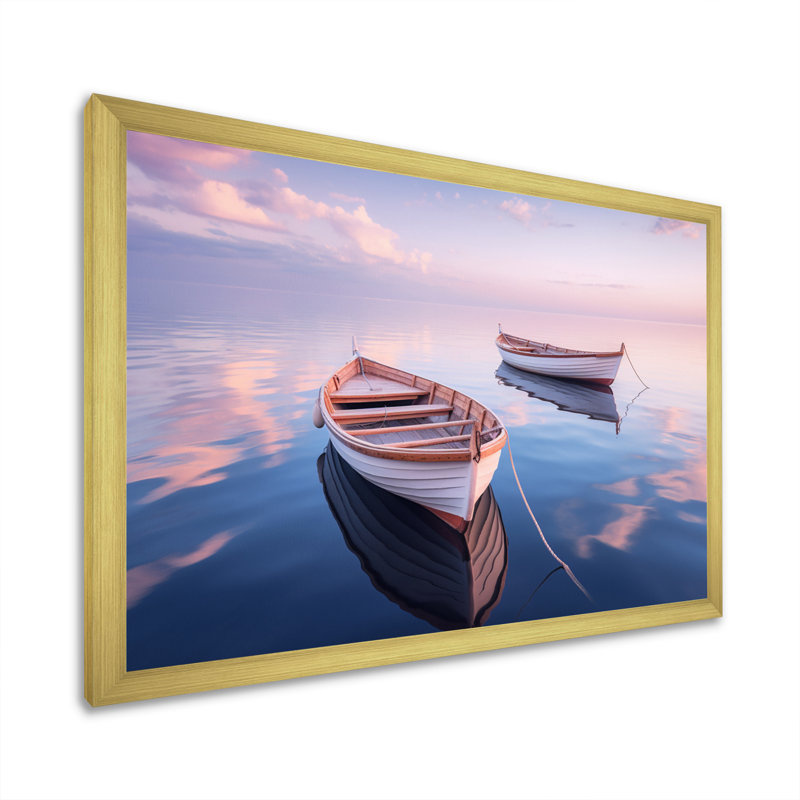 «Dinghy Boat Tranquility Pastel Sunset» sur toile, Cadre photo doré simple, H 16 po x l 32 po x P 1 po