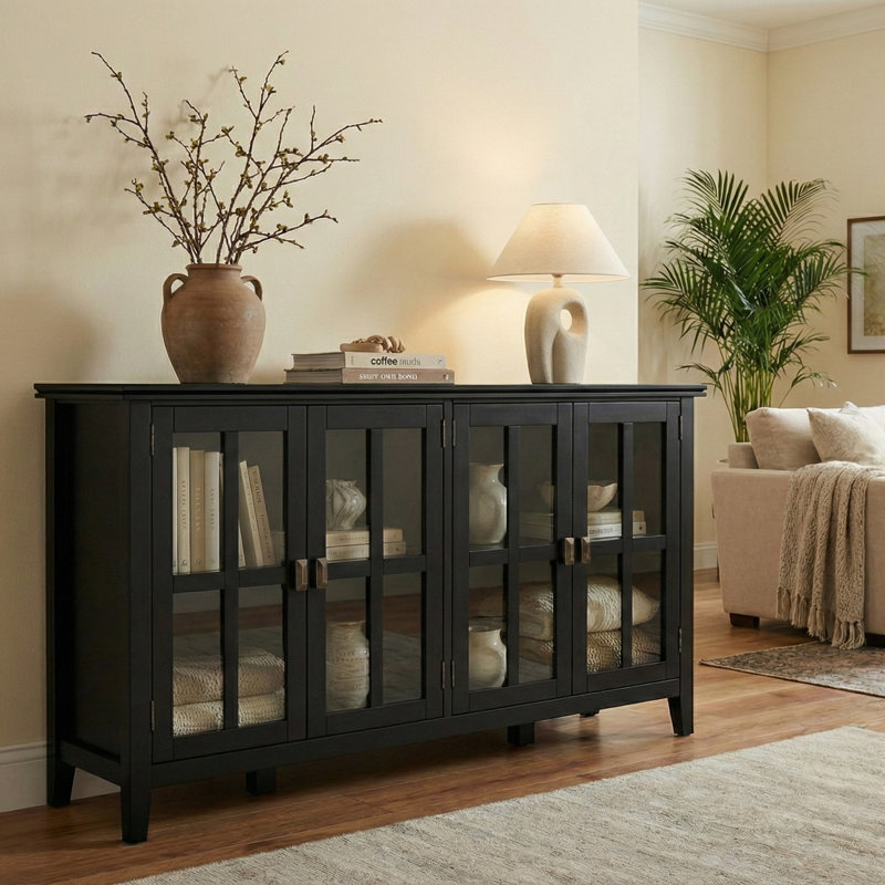Artisan 66"W Solid Wood Transitional Wide Storage Cabinet with Glass Doors and Adjustable Shelves, Black