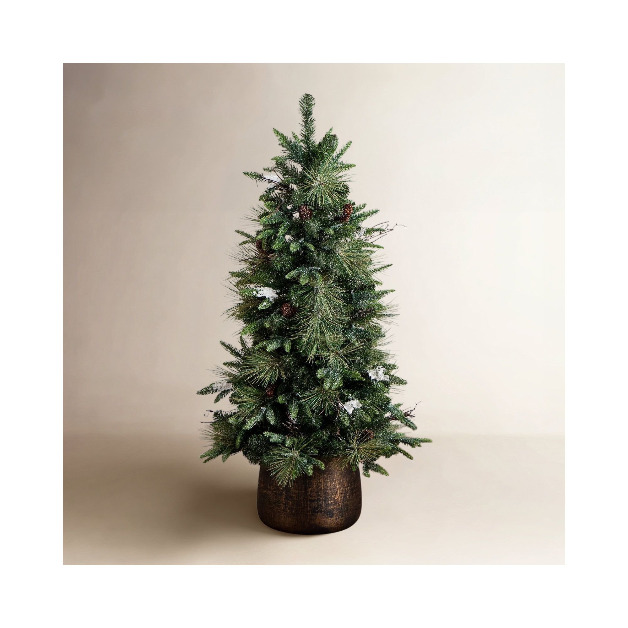 4Ft. Pre-Lit Artificial Mixed Pine Snowed Christmas Tree With Pinecones In Decorative Planter With 60 Warm White LED Lights