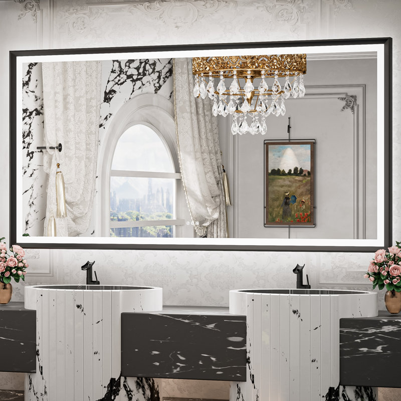 Miroir de salle de bain DEL rétroéclairé New Rockford, 72 po x 36 po, Noir, Rectangulaire