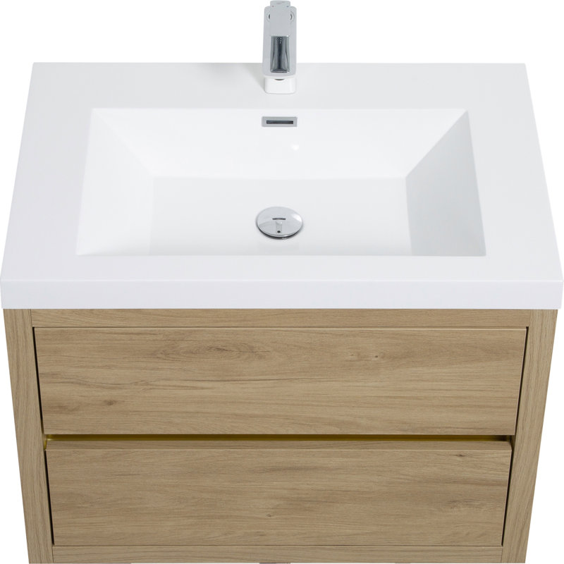 Meuble-lavabo mural 30 po avec lavabo, meuble de rangement flottant avec comptoir en résine de pierre et tiroirs à fermeture douce, chêne naturel