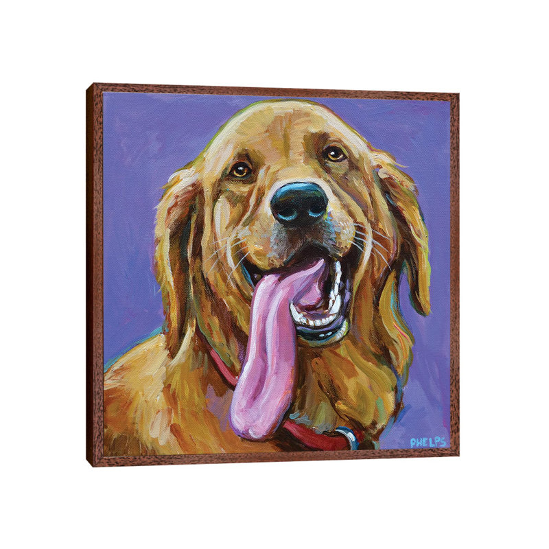 Golden Retriever With Big Tongue by Robert Phelps - Painting on Canvas, Classic Brown Wood Framed, 66.04 cm H x 66.04 cm W