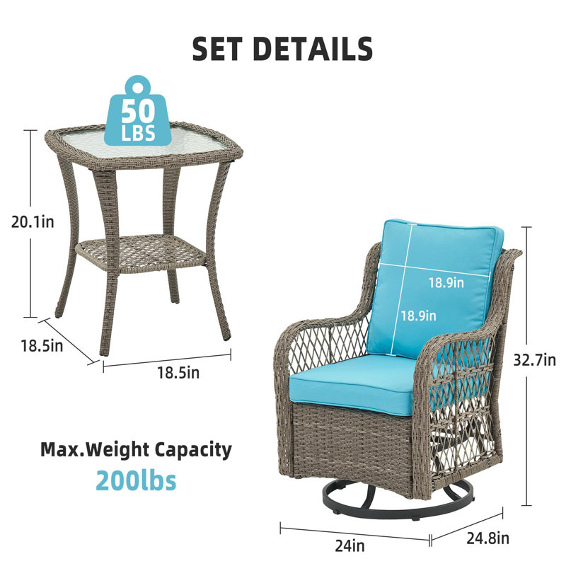 Ensemble de 3 chaises berçantes pivotantes d'extérieur avec petite table d'appoint 3 pièces, Bleu, Gris