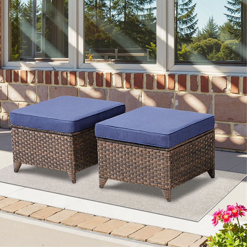 Ensemble de 2 repose-pieds d'extérieur en osier PE avec coussins pour la cour ou la terrasse