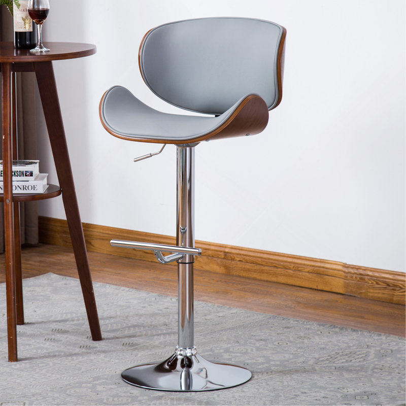 Swivel Bentwood Lift Adjustable Height Bar Stool With Curved Seat And Back (Gray), Gray, Silver