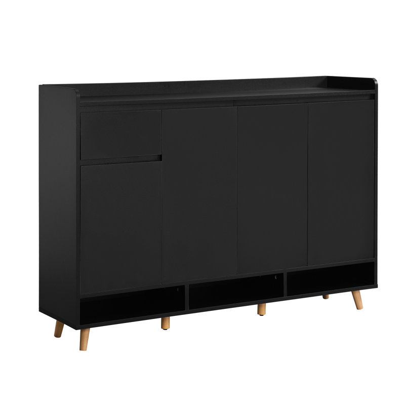 ON-TREND Sleek And Contemporary Shoe Cabinet With Adjustable Shelves, Minimalist Home Organizer With Solid Wood Legs, Storage Sideboard For Entryway, Living Room, Black (OLD SKU: WF321211AAB)