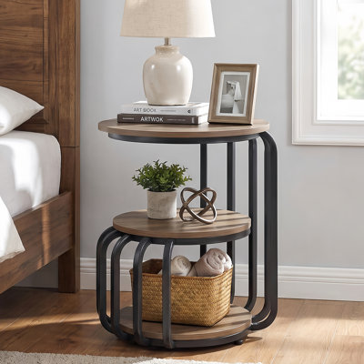 Table de chevet 19,68 "avec tablette de rangement, table de bout à 3 niveaux avec structure en métal noir incurvé pour la chambre à coucher