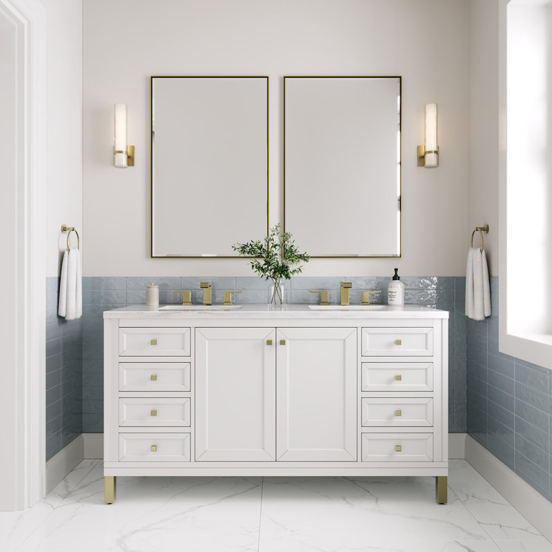 Chicago 60'' W Double Vanity, 8" Widespread, Eternal Jasmine Pearl, Glossy White
