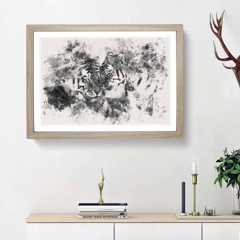 Two Snuggling Tigers - Single Picture Frame Print on MDF, 33cm H x 45cm W x 2cm D, Oak