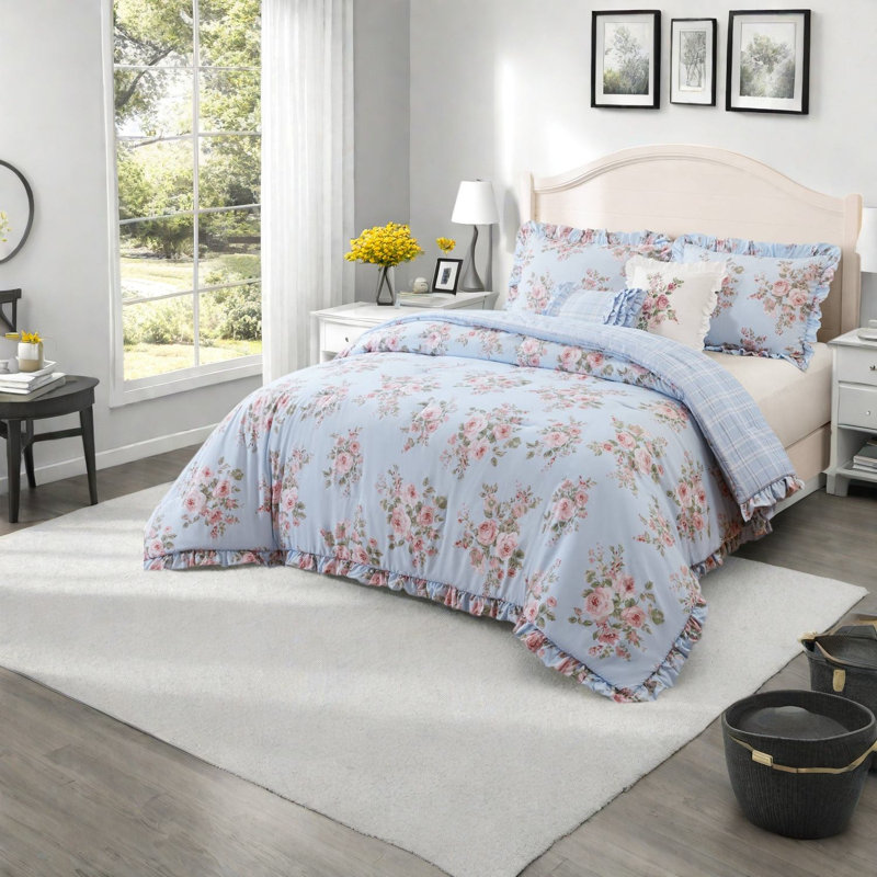 Ensembles de literie à motif floral bleu, très grand édredon en microfibre à bords froncés