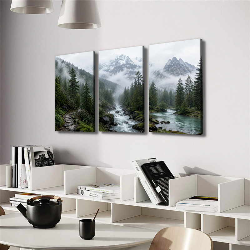 Ensemble de 3 impressions sur toile forêt brumeuse, forêt enneigée, pin, rivière sauvage, brume verte, nature, décoration murale rustique