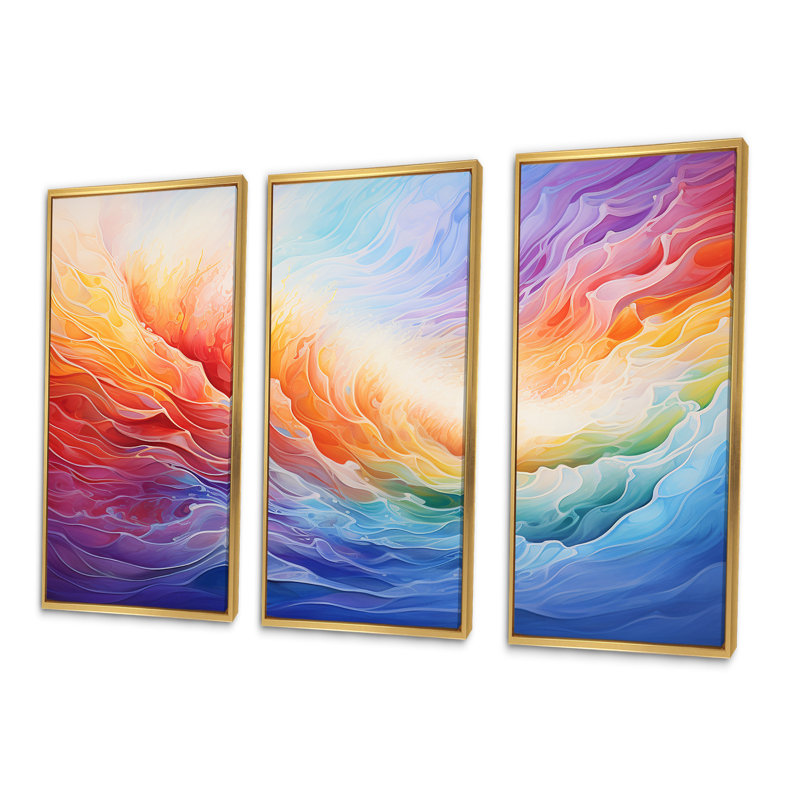 Harmony Tides en rose et mauve I - ensemble d'art mural arc-en-ciel, Cadre flottant doré, H 28 po x l 36 po x P 1 po