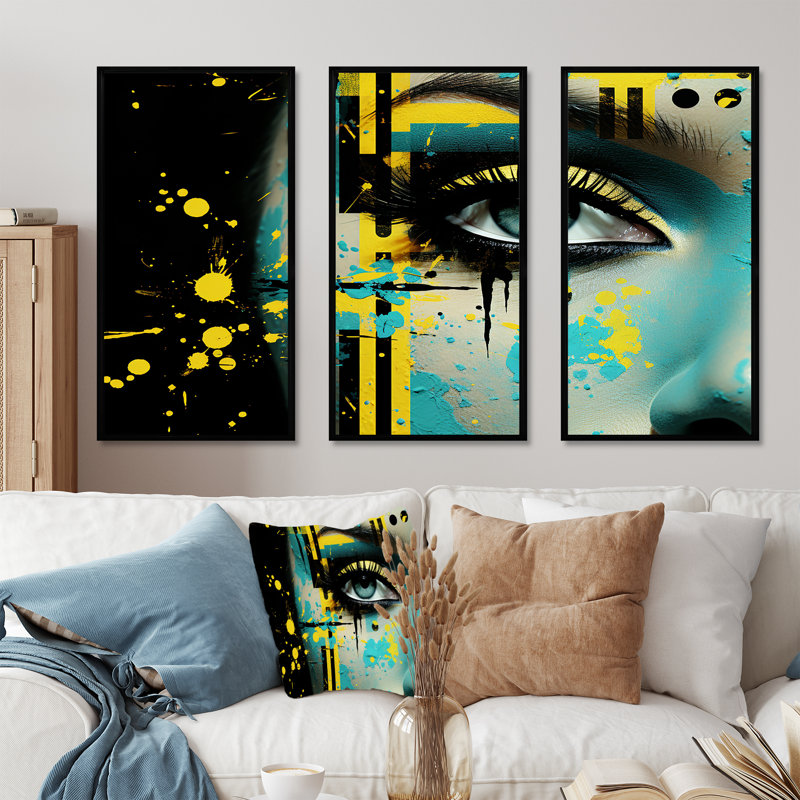 «Green and Yellow Woman Chic Eye Elegance», art mural tendance, Cadre flottant noir, H 28 po x l 36 po
