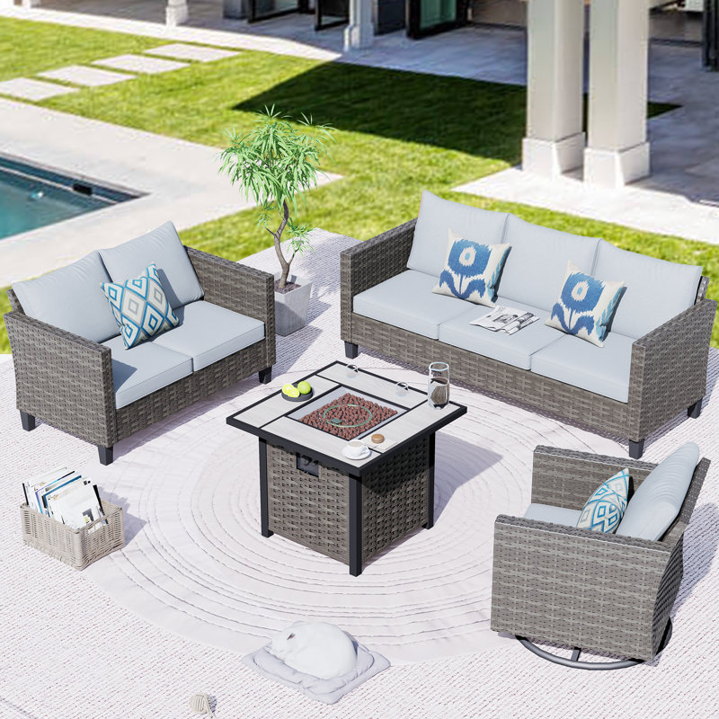 Meriyah Premium All-Weather Wicker 6 - Person Patio Conversation Set with Cushions, Gray