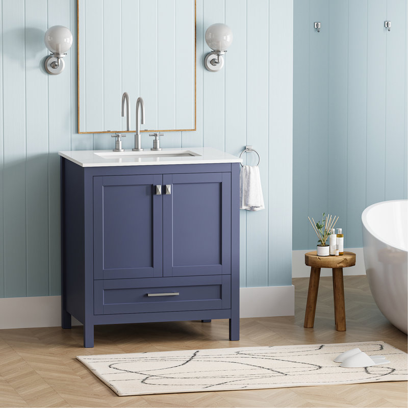 Meuble-lavabo de salle de bain 30 po bleu marine - entièrement assemblé. Comptoir en marbre. Structure en bois massif. Portes. Décoration. Profondeur: 30,99 po x largeur 18,55 po, hauteur 33,01 po. Bois: 91,96 lb, quincaillerie.