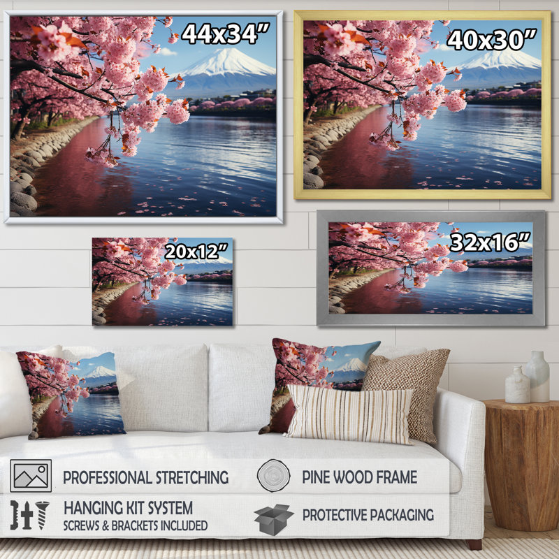 Impression sur toile Cherry Blossum, Mont Fuji, Japon I - Montagnes, Cadre d'angle fermé doré, H 32 po x l 16 po x P 1 po