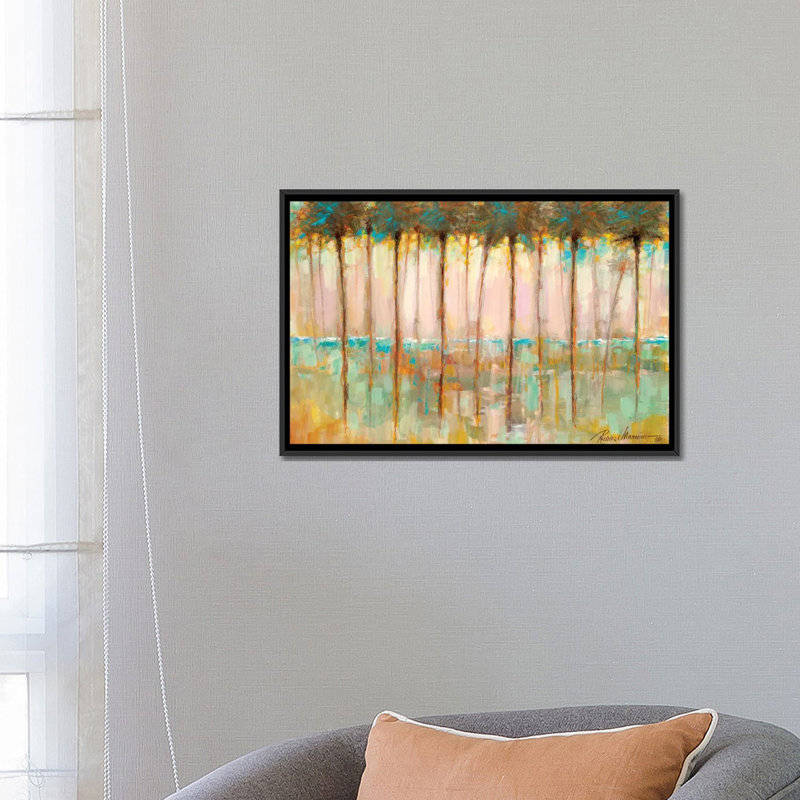 Palms at Dusk par Ruane Manning - reproduction d'art, H 18 po x l 26 po x P 1,5 po, Toile avec cadre noir, Aucun mat