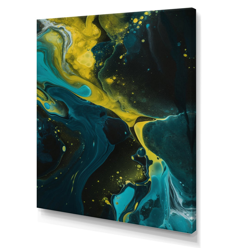Sarcelle et jaune liquide Dreams I sur toile, H 44 po x l 34 po x P 1,5 po, Toile tendue