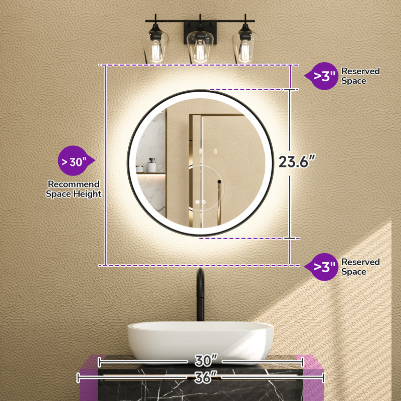 Miroir de salle de bain rond arrondi à DEL à intensité variable avec miroir de salle de bain à réglage de 3 couleurs et miroir de salle de bain rétro-éclairé avec verre trempé