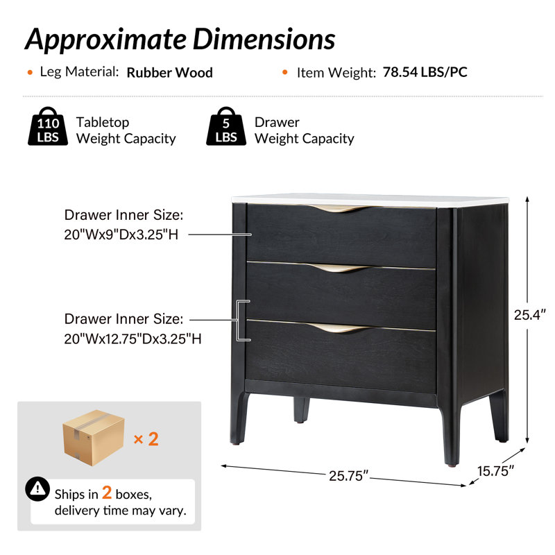 Ensemble de 2 tables de chevet modernes à plateau en marbre Burdine, Noir