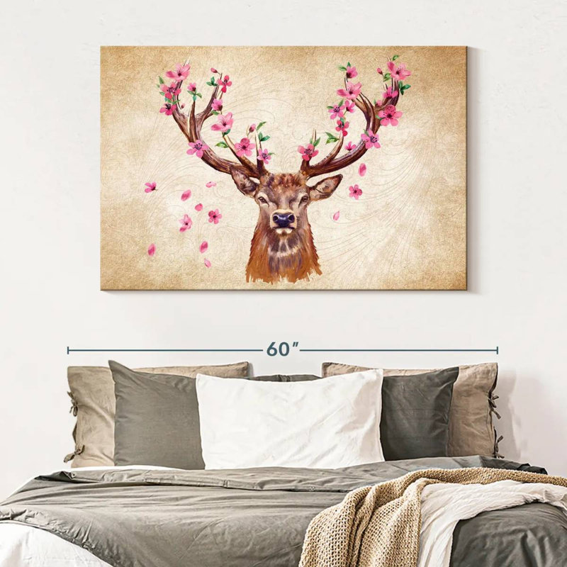 Cerf rose floral, H 34 po x l 51 po