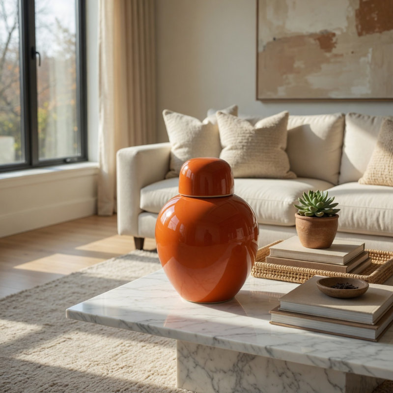 Pot décoratif en gingembre avec couvercle en dôme, céramique émaillée orange, 11 pouces