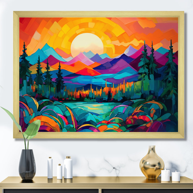 «Vibrant Sunset Shining Over Mountains II», art sur toile, Cadre doré, H 16 po x l 32 po x P 1 po