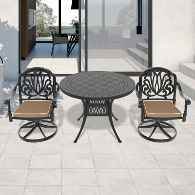 Ensemble de salle à manger 3 pièces en aluminium coulé avec cadre noir, comprenant 2 chaises pivotantes et une table ronde de 39,37 pouces