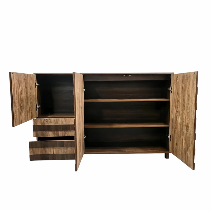Buffet de 55 po avec rangement: armoire de rangement de cuisine sculptée à la main avec 2 tiroirs et 3 portes, console de bar avec tablettes réglables