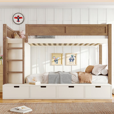 Lit superposé simple au dessus d'un lit simple / simple TG au dessus d'un lit double avec 4 tiroirs de rangement, lit superposé en bois massif avec garde-robe intégrée et garde-corps pleine longueur, sans sommier, beige et naturel