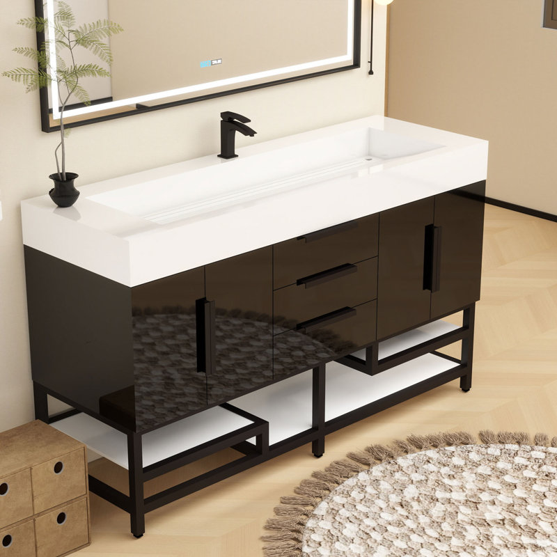 Meuble-lavabo sur pied simple 60 po Jessica, Noir brillant