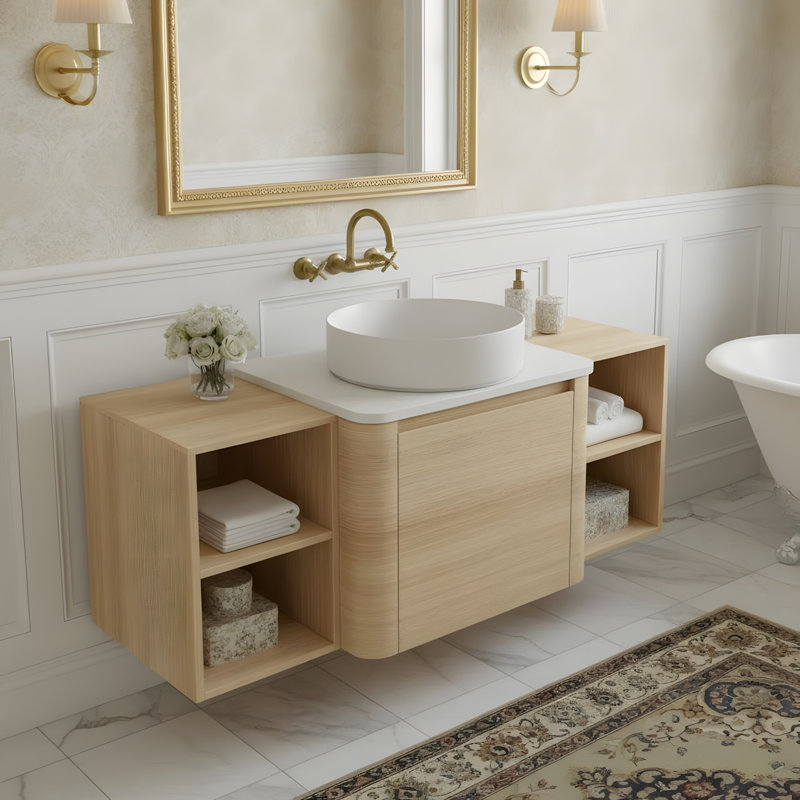 Meuble-lavabo mural avec lavabo en céramique, 1 porte à fermeture douce et 2 petites tablettes de rangement