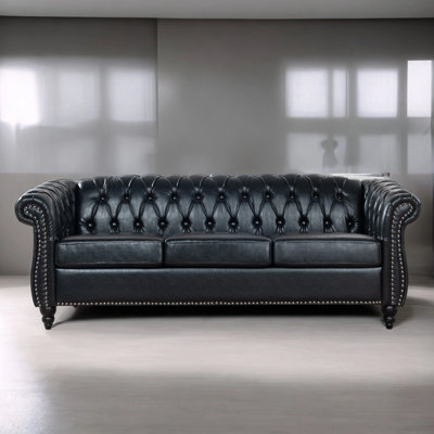 84.65"" Black Pu Rolled Arm Chesterfield Three Seater Sofa -  Alcott HillÂ®, F01C428ABCFB425098AC1112913E9B6F