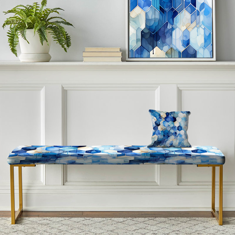 White And Blue Hexagons Dreams - Geometric Upholstered Gold Bench