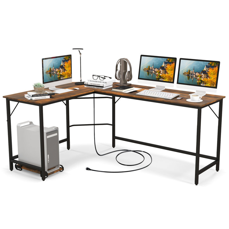 L-Shaped Metal Base Computer Desk, Rustic Brown