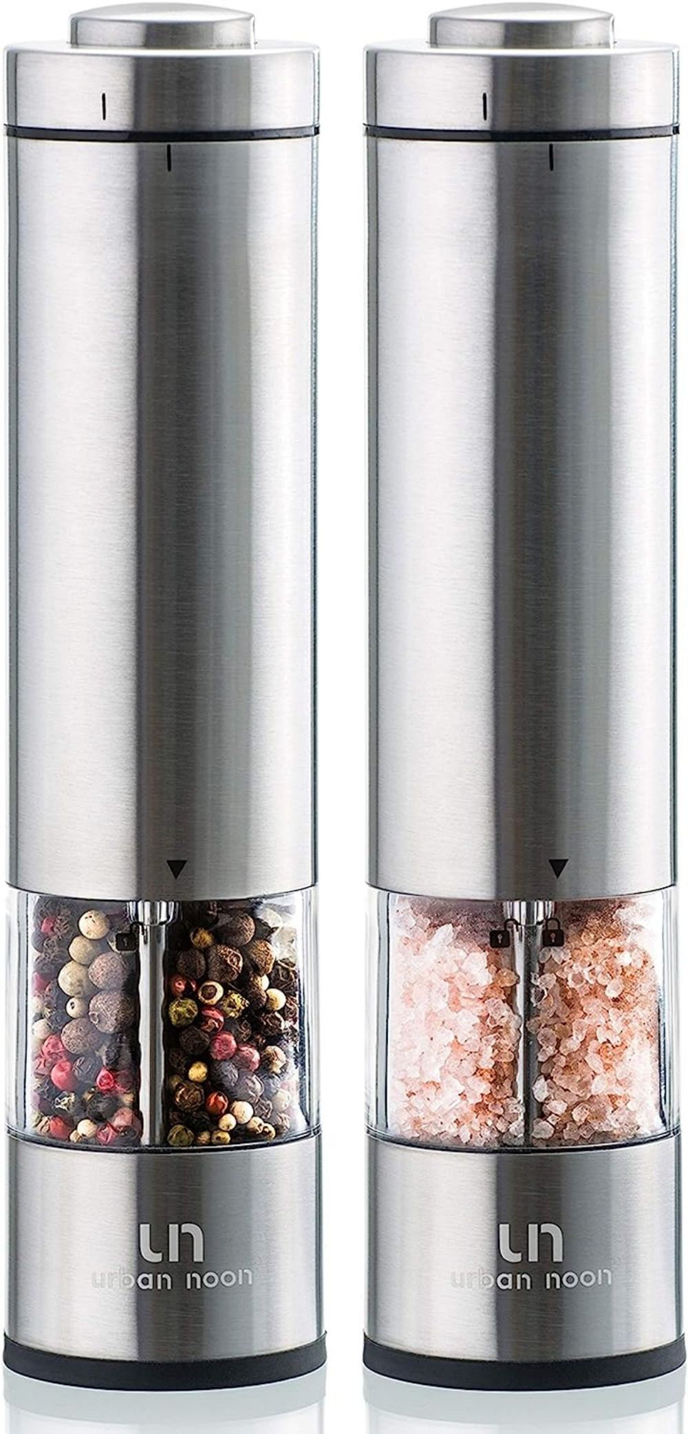 Electric Salt and Pepper Grinder Set - Battery Operated Stainless Steel  Mill with Light (2 Mills) - Automatic One Handed Operation - Electronic