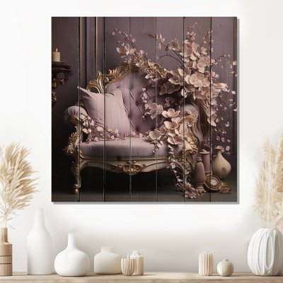 Lilac Couch Adorned With Gilded Accents - Lilacs Wood Wall Art On Natural Pine Wood