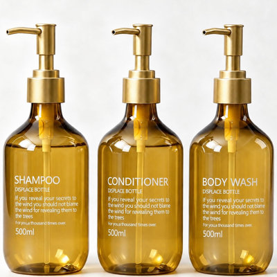 Golden Shampoo and Conditioner Dispenser Permanent Screen Printed Bottles | 16oz 3-Pack Plastic Refillable Pump Bottles for Shampoo and Conditioner, Bathroom Shower Dispenser for Hotel, Airbnb(Gold)