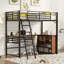 Lit mezzanine simple en métal avec 3 couches de tablettes et bureau en L, noir-392625365-392625362