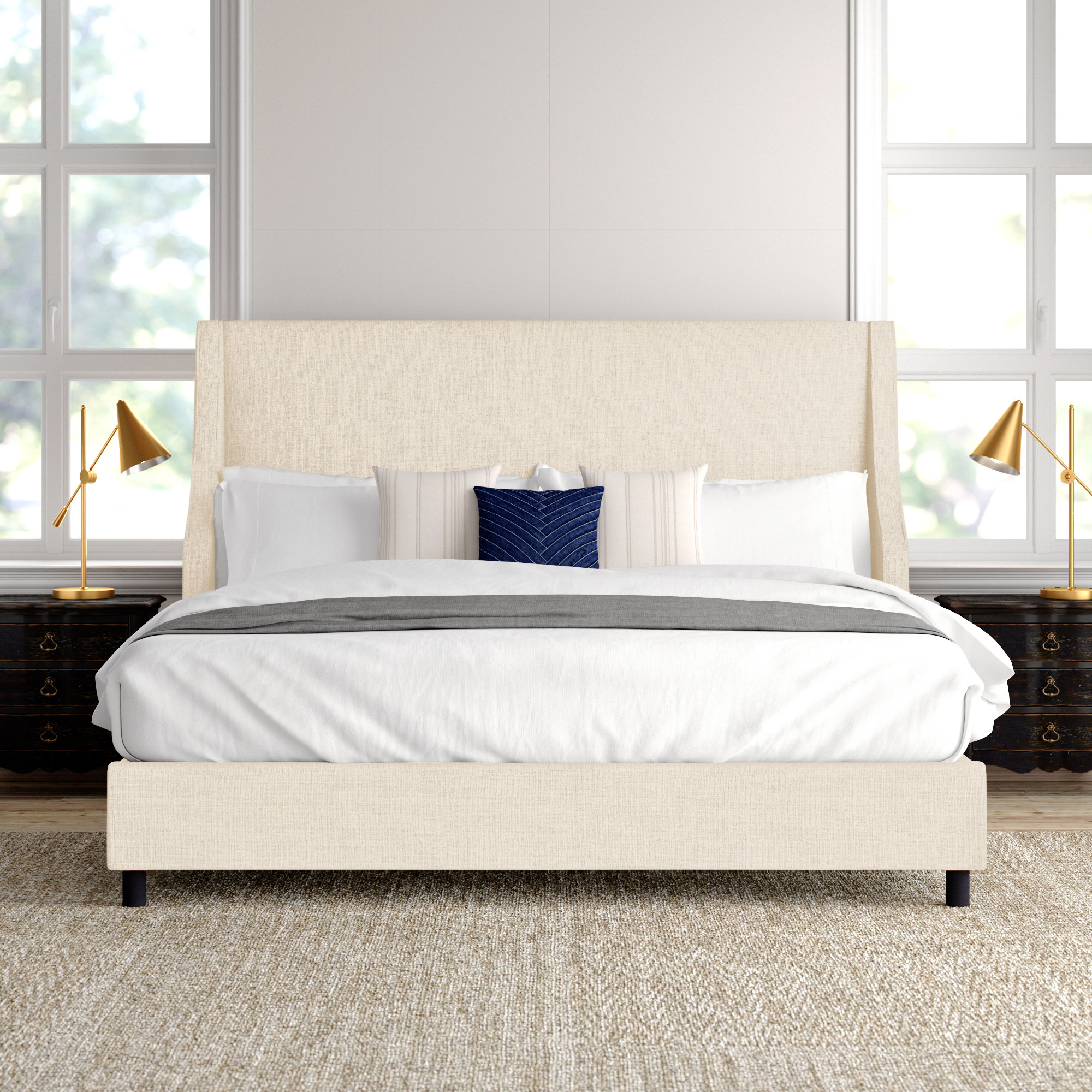 Bernadine Upholstered Wingback Bed, California King, Zuma White Textured Linen