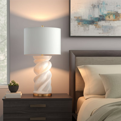 Table Lamp Stone/Non-Woven Fabric/Quartz Sculptural Twisted Base With Accent Home Office Bedroom Living Room Use - 29" White