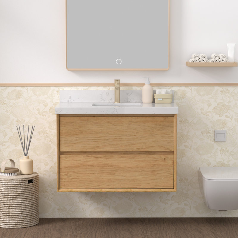 Meuble-lavabo flottant mural 36 po avec comptoir en pierre d'ingénierie blanche Calacatta et lavabo en céramique, 36"