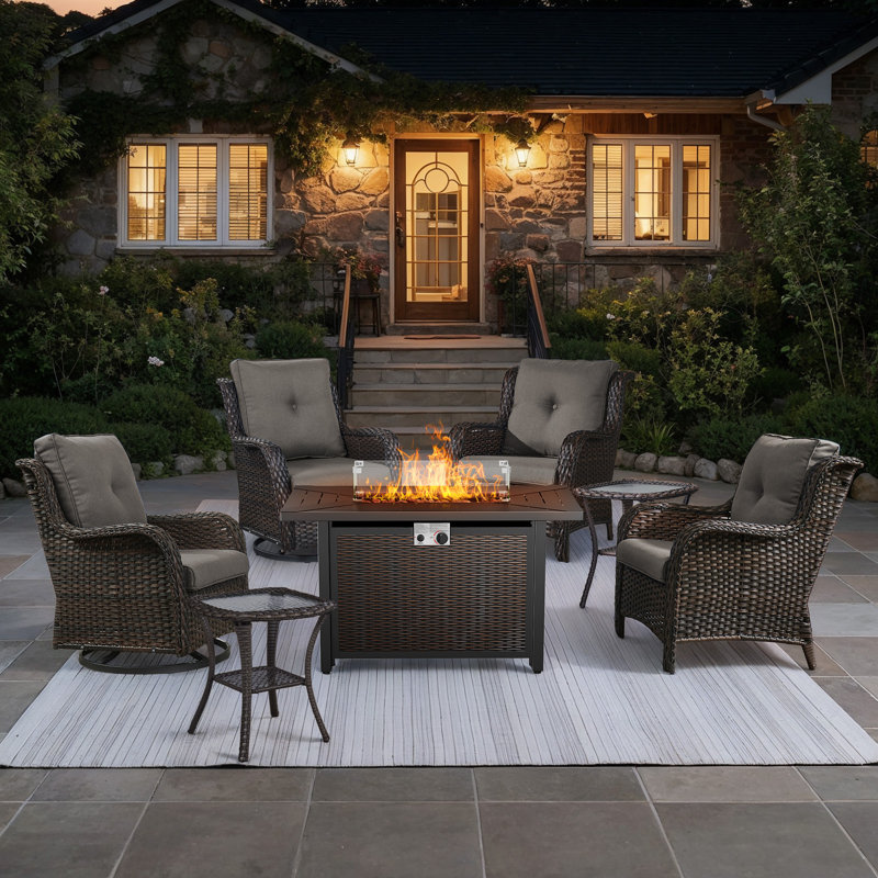 Wendye 7-Piece Outdoor Set With Fire Pit Table, Swivel Chairs & Side Tables For Patio, Gray