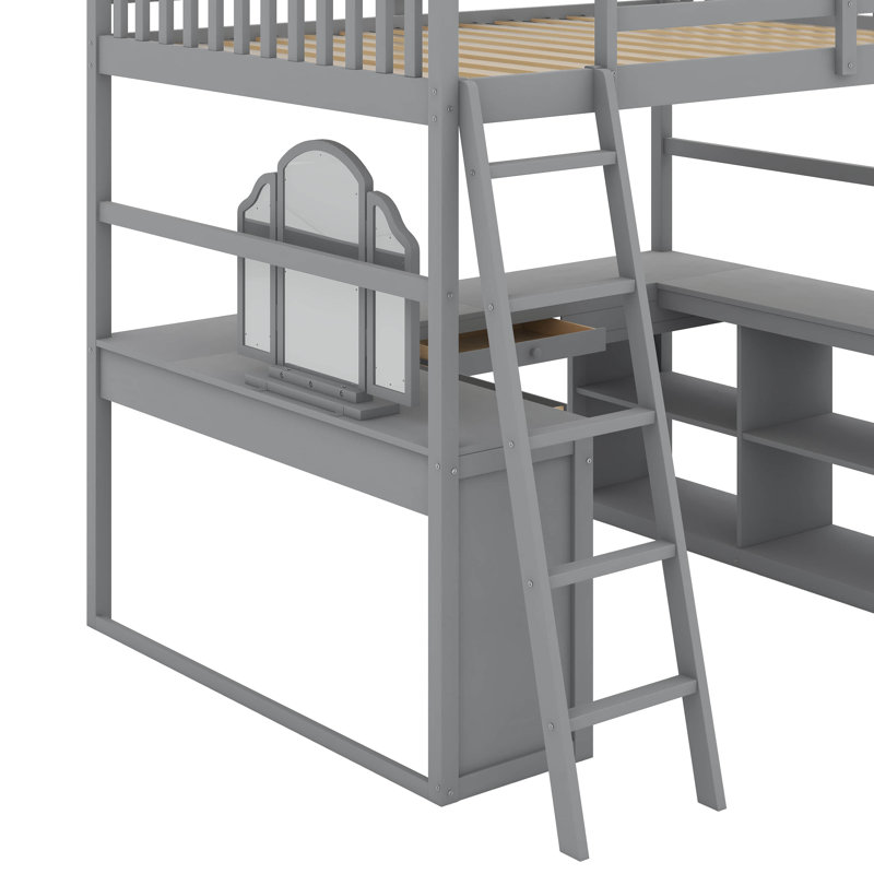 Lit mezzanine double en bois avec bureau, gris