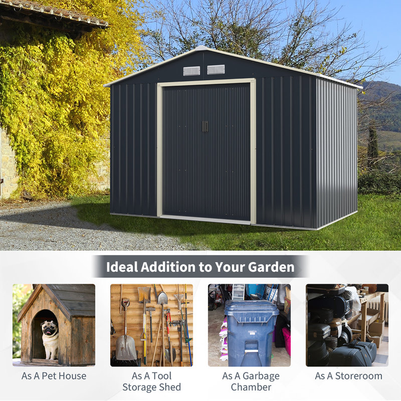 Gray Alloy Steel A-Frame Metal Storage Shed with Double Doors