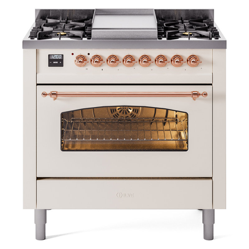 ILVE Nostalgie II 36 Dual Fuel Range, knobs, Antique White/Copper, Liquid Propane