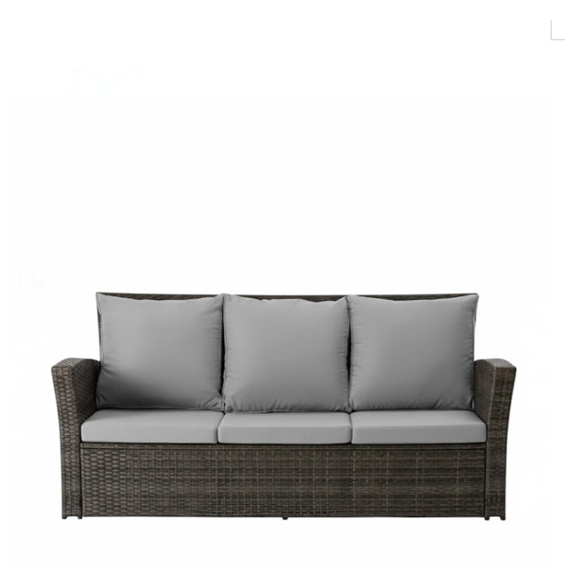 67.7" All-Weather Wicker 3-Seat Patio Sofa With Thick Gray Cushions & Black Frame, Gray