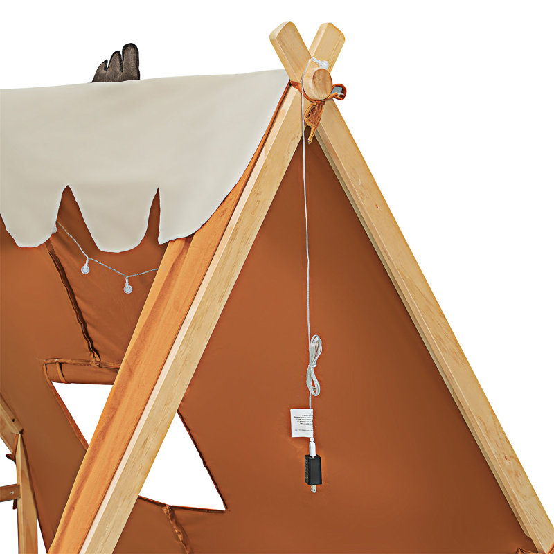 Lit maison avec tente et lumière, Double, Brun
