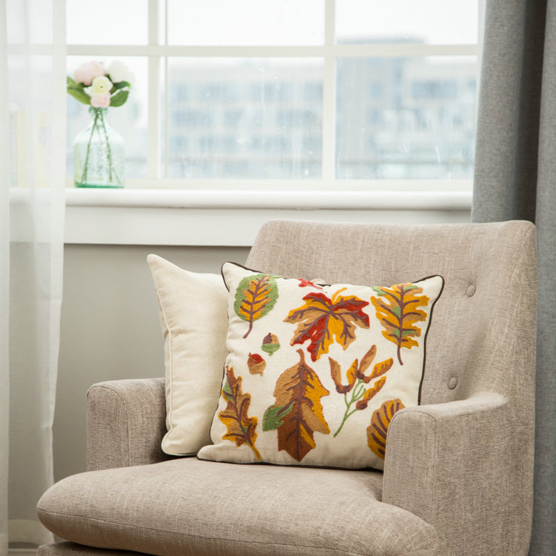 Beige and Brown Embroidered Linen Square Thanksgiving Throw Pillow Set