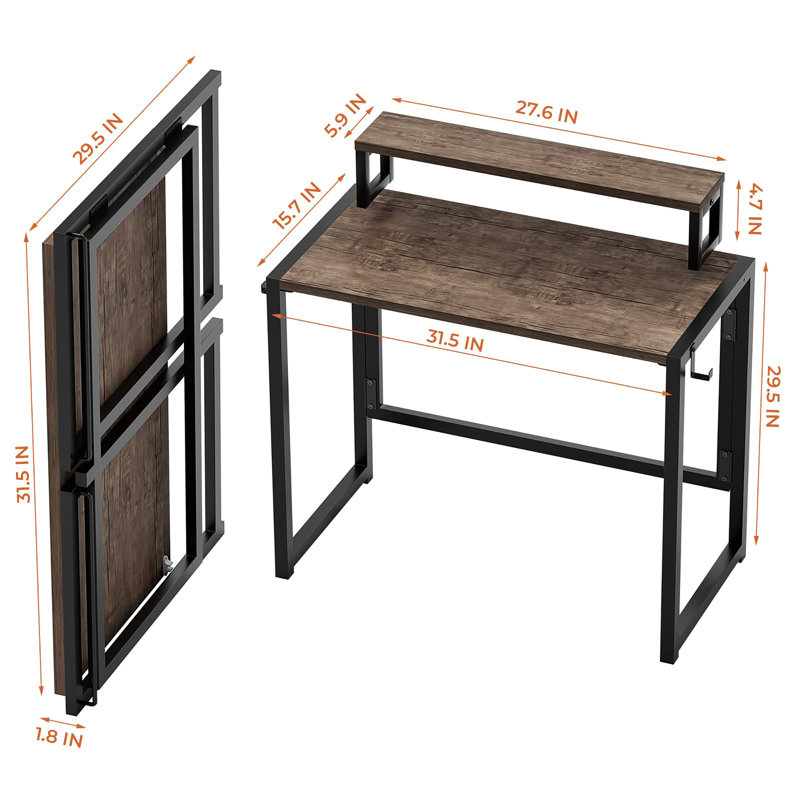Small Folding Desk 31.5 Inch, Foldable Computer Desks with LED Lights and Monitor Stand, Work Portable Table for Bedroom Home Office